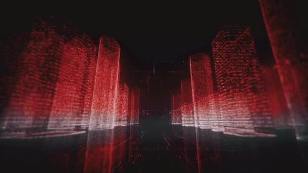 Volare attraverso il modello digitale al neon di astratta città d'affari moderna fatta di simboli e griglie in colore rosso vivo e bianco su sfondo nero. Business, connessioni e concetto di tecnologia digitale. 3d — Video Stock