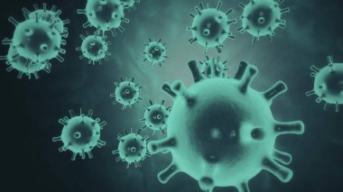 H1N1 domuz gribi virüsünün neon mavi hücreleri siyah uzay arka planında hareket ediyor. Biyoloji tıp bilimi konsepti. Salgın hastalık. Salgın virüsü. 4K videoda 3B görüntüleme.