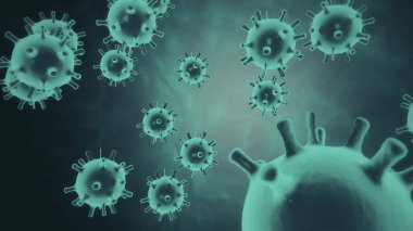 H1N1 domuz gribi virüsünün neon mavi hücreleri siyah uzay arka planında hareket ediyor. Biyoloji tıp bilimi konsepti. Salgın hastalık. Salgın virüsü. 4K videoda 3B görüntüleme.