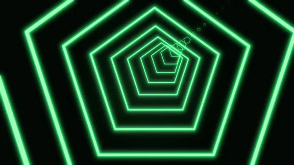 Számítógép generált elvont neon pentagon alagút, amely mozgó élénk vonalak azúr színű fekete alapon, 3D renderelés 4k videó. — Stock Fotó