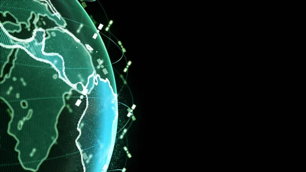 Drahtlose Internet-Daten-Wifi-Konnektivität durch ein globales System von Telekommunikationssatelliten in 3D-Rendering-Konzeptanimation auf schwarzem Hintergrund in 4K — Stockfoto