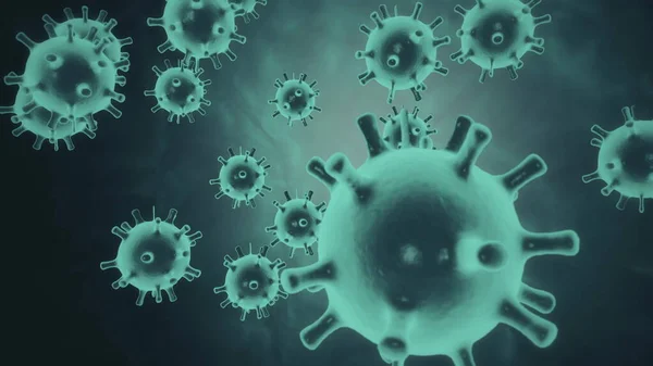 ブタインフルエンザウイルスH1N1のアニメーション化されたネオンブルーの細胞は、黒い空間背景で動いている。生物医学の概念。流行病だ。流行性ウイルスだ。4Kビデオでの3Dレンダリング. — ストック写真