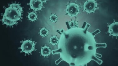 H1N1 domuz gribi virüsünün neon mavi hücreleri siyah uzay arka planında hareket ediyor. Biyoloji tıp bilimi konsepti. Salgın hastalık. Salgın virüsü. 4K videoda 3B görüntüleme.