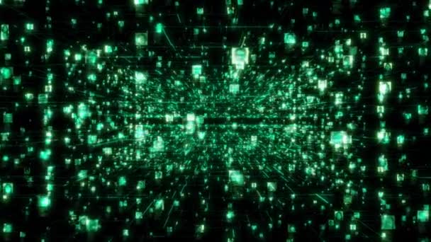 Concept d'intelligence artificielle d'un réseau social avec un flux de portraits de personnes se déplaçant le long de la grille de réseau bleu vif en arrière-plan cyberespace Internet noir. rendu 3d séquences 4K. — Video