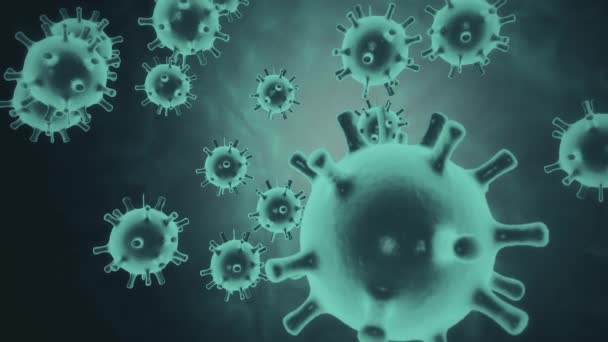 Cellule di colore blu neon animate del virus dell'influenza suina H1N1 si muovono sullo sfondo dello spazio nero. Concetto di scienze biologiche mediche. Malattia pandemica. Virus epidemico. rendering 3d in video 4K. — Video Stock