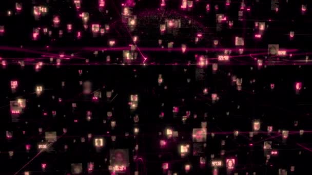 Социальная сеть концепции больших данных с потоком разных людей сталкивается связь друг с другом темно-фиолетовыми линиями на фоне модели планеты Земля, 3D рендеринг 4K видео . — стоковое видео