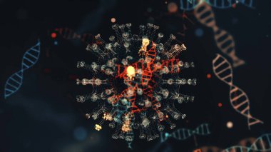 Virüs Coronavirus 2019-nCoV enfeksiyon görselleştirme. Mikrop kapmış insanların içindeki patojen hücreleri siyah zemin üzerinde neon yeşil küresel mikroorganizmalar olarak gösteriliyor. Canlandırılmış 3D görüntüleme 4K video kapatma.