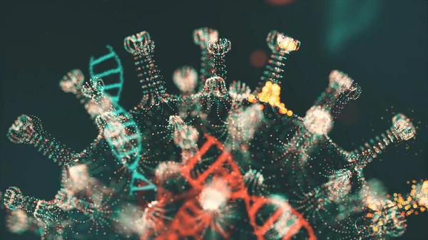 Virtual animated representation of coronavirus 2019-nCoV cells inside infected organism shown as red spherical microorganisms moving on a black background. Abstrakt 3D-återgivning närbild 4K video. — Stockfoto