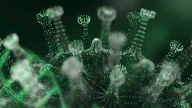 Organizma kan damarlarındaki Coronavirus 2019 nCov hücreleri siyah zemin üzerinde neon yeşil hücreler olarak sunulmaktadır. Koronavirüs, SARS, MERS gibi tehlikeli virüs vakaları kavramı. 3D görüntüleme 4K.