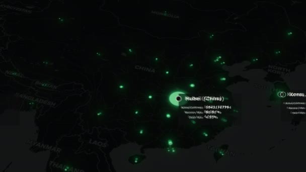 Animovaná mapa světa šíření koronaviru COVID19 pandemie z Číny po celém světě. Tmavá mapa se zelenými barevnými tečkami města se statistikami nemocí. Epidemie koncept 3d vykreslování pozadí ve 4K — Stock video