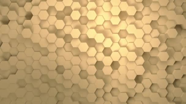 추상적 인 벌집 배경. 가볍고, 최소한이고, 깨끗하고, 움직이는 육각형의 황금 그물 벽에 그림자가 있습니다. 광역 형식이다. 4K UHD 애니메이션을 사용 한다. 3D 렌더링 — 비디오