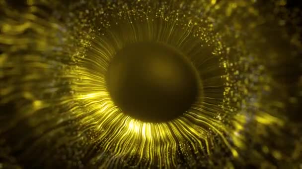 Golden colored human digital iris lines after a blast scattering out of a bright circle and forming volumetric human blue eye model. 3d rendering animated abstract background in 4K — Stock Video