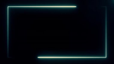 Ekran kenarındaki mavi ve beyaz neon dikdörtgen çerçeve siyah arkaplandaki birkaç hareketli çizgi tarafından oluşturuldu. Soyut arkaplan 3D görüntüleme 4k.