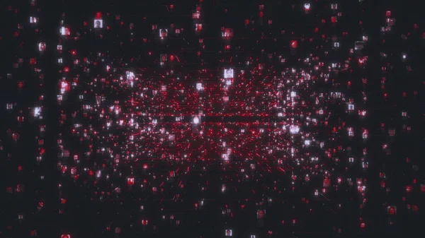 Bewegen door de zoekstroom van menselijke portretten verbonden door rood gekleurde netwerk raster in sociaal netwerk. Kunstmatige intelligentie concept achtergrond. 3D rendering 4K video. — Stockfoto