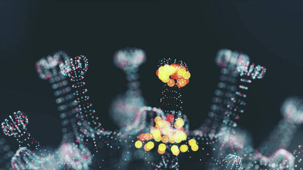 Pathogen of coronavirus 2019-nCov inside infected organism illustrated as brown round cells on black background. 2019-nCoV, SARS, H1N1, MERS and other epidemic viruses concept. 3d rendering 4K video.