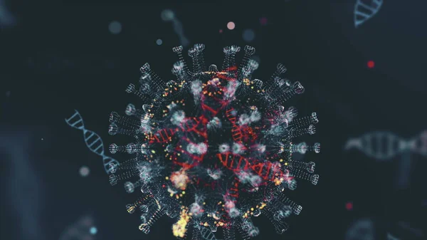 Patogen av coronavirus 2019-nCov inuti infekterade organism illustrerad som bruna runda celler på svart bakgrund. 2019-nCoV, SARS, H1N1, MERS och andra epidemiska virus koncept. 3D-återgivning av 4K-video. — Stockfoto