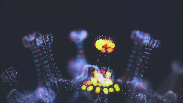 Células virais do coronavírus 2019-nCov em vasos sanguíneos como células de cor azul sobre fundo preto. Conceito animado de casos de estirpe de vírus perigosos como coronavírus, SARS, MERS. 3D renderização de vídeo 4K. — Fotografia de Stock