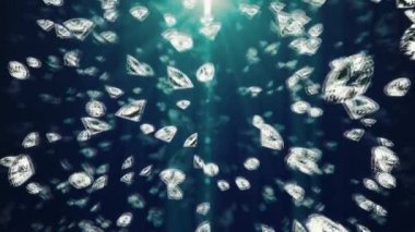 Leylak arka planında parlak kenarları olan düşen elmaslar. 3D görüntüleme. Lüks yaşam konsepti.