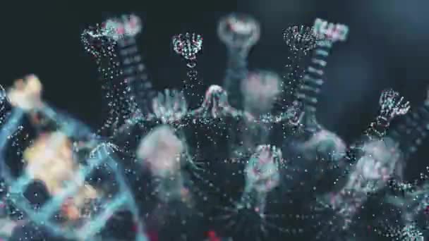 Pathogène du coronavirus 2019-nCov à l'intérieur de l'organisme infecté illustré par des cellules rondes brunes sur fond noir. 2019-nCoV, SRAS, H1N1, SRMO et autres virus épidémiques concept. rendu 3d vidéo 4K.