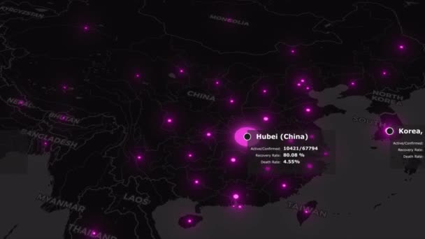 Mappa del mondo animata della pandemia di coronavirus COVID19. Epidemia si sta diffondendo da wuhan in Cina su terraferma con colore viola città infette e dati statistici. Sfondo di rendering 3d in 4K. — Video Stock