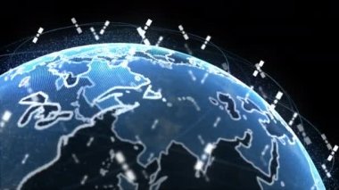 4k siyah arka plan 3d render kavram animasyon telekomünikasyon uyduları küresel bir sistem tarafından kablosuz internet veri wifi bağlantısı