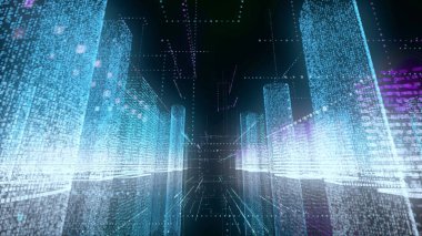 Parlak mavi ve beyaz renkte soyut parlayan şehir teli çizgilere ve kitlelere bağlı parçacıklardan oluşur. Dijital teknoloji ve iletişim konsepti. 3B görüntüleme 4k.