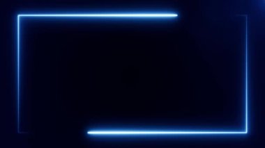 Siyah arkaplanda mavi neon dikdörtgen çerçeve. Soyut arkaplan 3D görüntüleme 4k.