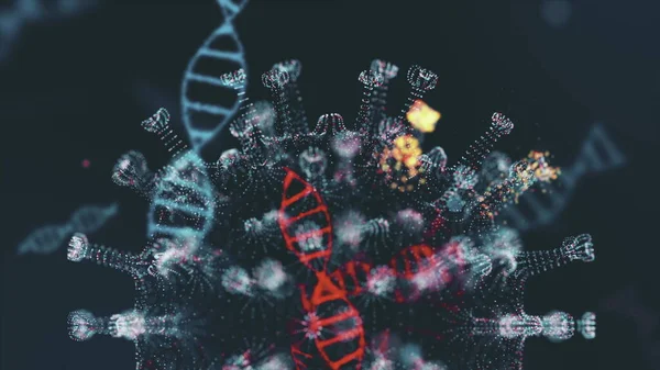 Patogen av coronavirus 2019-nCov inuti infekterade organism illustrerad som bruna runda celler på svart bakgrund. 2019-nCoV, SARS, H1N1, MERS och andra epidemiska virus koncept. 3D-återgivning av 4K-video. — Stockfoto