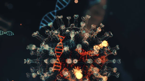 Virus coronavirus 2019-nCoV infektion visualisering. Patogena celler inuti infekterade människor visas som neon gröna sfäriska mikroorganismer på en svart bakgrund. Animerad 3D-återgivning närbild 4K video. — Stockfoto