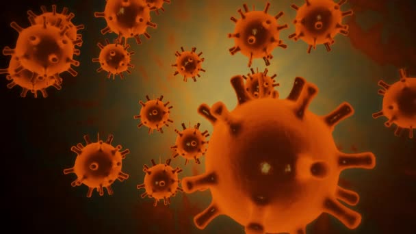 Virus cells of coronavirus covid19 are moving in a blood vessel in the form of orange colored cells which floating at dark space on background. Virology concept in abstract 3d rendering 4K video. — Stock Video