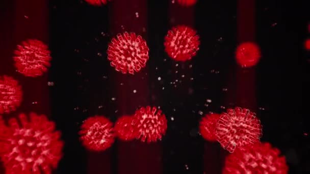 Animowana wirtualna reprezentacja zakażonych komórek koronawiry19. Patogeny poruszają się w postaci czerwonych mikroorganizmów na czarnym tle. Abstrakcyjna koncepcja renderowania 3d w rozdzielczości 4K. — Wideo stockowe