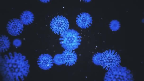 COVID19コロナウイルス感染可視化。病原細胞は、黒い背景にネオンブルーの球状微生物として示される感染した人間の中にあります。アブストラクトコンセプト3Dレンダリングクローズアップ4Kビデオ. — ストック動画