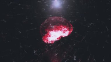 Beynin röntgeni. Siyah zemin üzerinde kırmızı ışınlı insan beyninin hologramı. Ekseninin etrafında sorunsuz grafikler, modaya uygun arka plan etrafında dönüyor. Sinirsel bağlantılar üzerine tıbbi çalışmalar. 3B görüntüleme