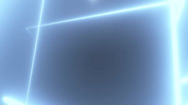 Neon üçgenlerin soyut geometrik tüneli, renkli gök mavisi dar çizgilerin oluşturduğu siyah bir zemin üzerinde. 3B hazırlama 4K video.