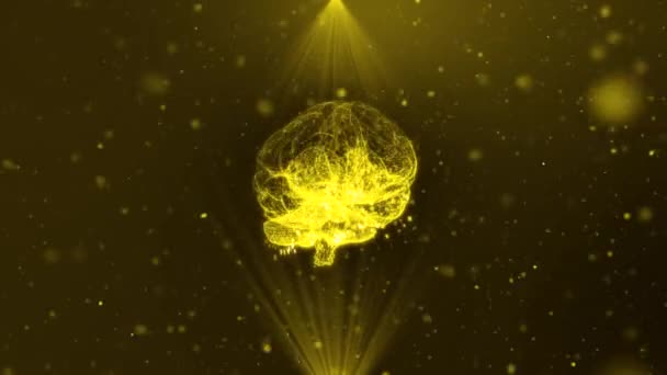 Balayage de la. Particules lumineuses formées lors de la formation du modèle du cerveau humain. Il tourne à 360 degrés. rendu 3D. Fond jaune animé. Concept d'IA. Conception graphique de