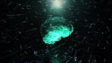 Beynin dönen hologramı. Hareket eden çizgiler, noktalar ve üçgenlerle soyut geometrik arkaplan. İnsan beyninin bilimsel anatomi taraması. 3d hazırlayıcı
