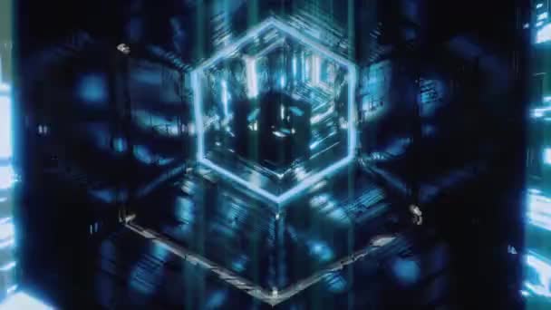 Сгенерированный компьютером абстрактный фон с зеркальным многогранником, летящим в шестиугольном туннеле, освещенном яркими голубыми неоновыми огнями. 3D рендеринг анимации в 4K видео . — стоковое видео