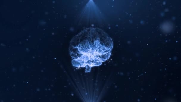 MRI mozku. Animovaný trojrozměrný model mozku v paprscích modré. Probíhá smyčka animace. Koncept nových technologií ve vědě a medicíně. 3D vykreslování.