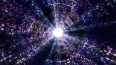 Şifreli para birimi teknolojisi arka plan rengi eflatun ile dijital tünele uçma animasyonu. İkili kodlu parçacık ağı. Kusursuz 3B döngü oluşturucu