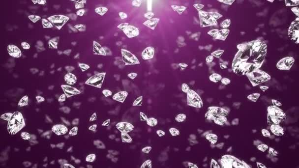 Падающие бриллианты с блестящими краями на сиреневом фоне. Концепция роскошной жизни. 3d-рендеринг — стоковое видео