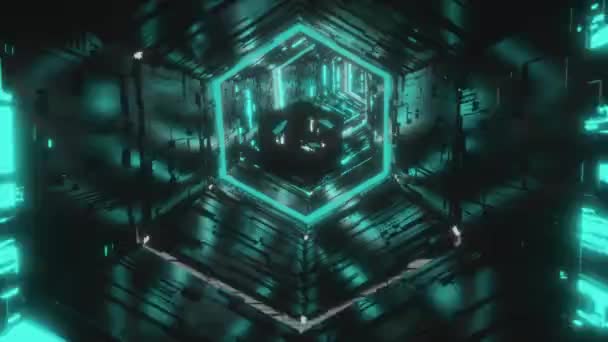 Latar belakang abstrak dari permata spektakuler yang bergerak di warna azure terowongan neon hexagon berwarna. Seni, komersial dan konsep bisnis. 3d rendering animasi 4K video. — Stok Video