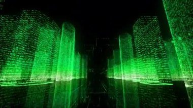 Parlak beyaz ve yeşil renklerde modern bir dijital şehrin güzel neon modeli ve bu şehir merkezine doğru hızlı bir uçuş. İş ve dijital teknoloji kavramı. Siyah arkaplan 3d