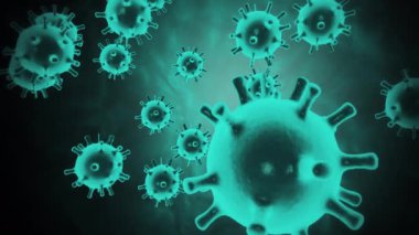 Kan damarlarındaki Coronavirus 2019-nCov 'un virüs hücreleri siyah zemin üzerinde mavi renkli hücreler olarak. Koronavirüs, SARS, MERS gibi tehlikeli virüs vakalarının animasyon konsepti. 3D görüntüleme 4K.