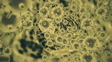Elektron mikroskop büyütme Coronavirus covid19 hücre. Koyu sarı virüs hücreleri siyah uzay arka planında yüzüyor. 4K içinde 3D canlandırma döngüsü canlandırması.