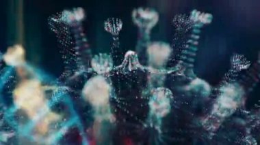Siyah zemin üzerinde hareket eden mor küresel mikroorganizmalar olarak gösterilen enfekte organizmanın içindeki 3D Coronavirus 2019 nCoV patojen hücrelerinin animasyon modeli. Soyut 3D görüntüleme 4K video kapatma.
