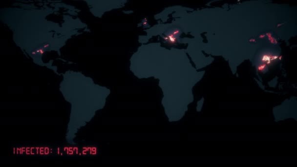 Coronavirus COVID 19 dark global map con dati sanitari e compressa rosa di avvertimento pandemico. L'infezione da virus cinese Wuhan si diffonde in tutto il mondo. Concetto epidemico Rendering 3d sfondo animato 4K video. — Video Stock