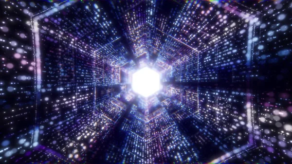 Absztrakt futurisztikus sci-fi görbületi alagút részecske ráccsal. Futurisztikus nagy adat vizualizáció, hi tech háttér. 3D renderelés. — Stock Fotó