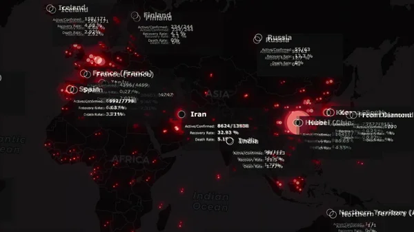 A koronavírus terjedésének animált világtérképe COVID 19 világjárvány Kínában szerte a világon. Fekete térkép piros színű városok pontokat és betegség statisztikák. Járványügyi koncepció 3d renderelés háttér 4K. — Stock Fotó