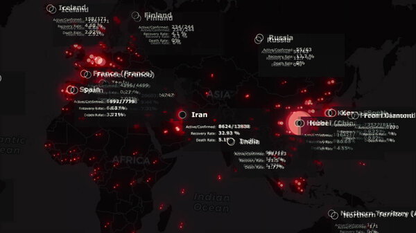 Animated world map of spreading coronavirus COVID 19 pandemic from china over the world. Black map with red color cities points and sickness statistics. Epidemic concept 3d rendering background in 4K.