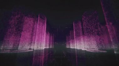 Beyaz ve mor renkli modern bir dijital şehrin güzel modeli ve bu şehir merkezinde hareket eden bir kamera. İş ve teknoloji kavramı. Siyah arkaplan 3d görüntüleme 4k Ultra HD